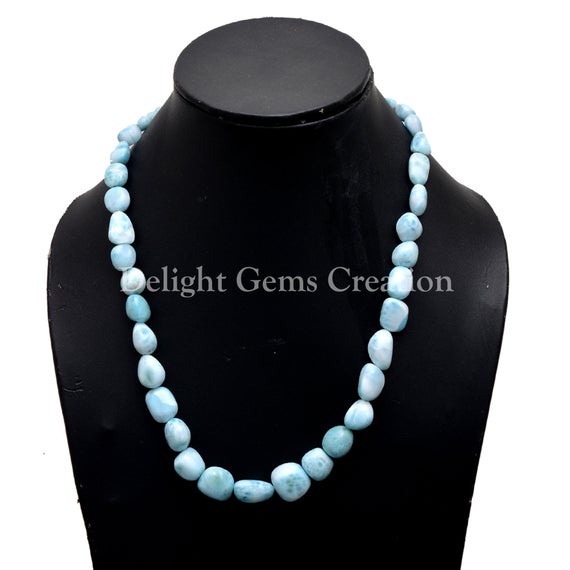 Natural Larimar Necklace, Smooth Tumble Blue Larimar Gemstone Beads Necklace, Elegant Designer Necklace, Party Necklace, Gift For Her