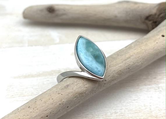 Larimar Marquee Silver Ring Size 7, 8, 9 - Larimar Sterling Ring - Natural Larimar Marquee Ring - Larimar Statement Ring - 925 Sterling