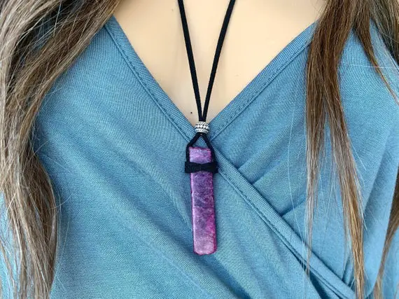 Lepidolite Necklace Black Cord, Love Healing Crystal Pendant, Bohemian Jewelry Anti Anxiety Necklace, Mothers Day Gift For Her, Gift For Him