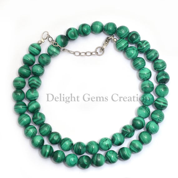 Malachite Beaded Necklace, 7-8mm Malachite Smooth Round Beads, Opaque Green-banded Malachite Gemstone Necklace, Mineral Beads, Gift For Her