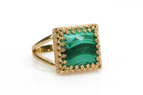 14k Rose Gold Ring · Malachite Ring · Mom Ring · Vintage Ring · Crown Ring · Gemstone Ring · Handmade Ring · Square Ring · Stacking Ring