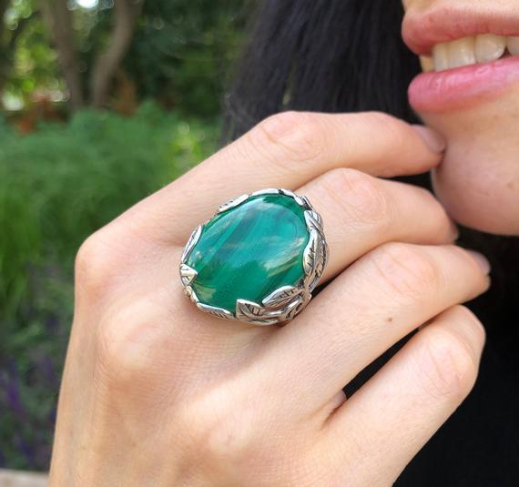 Large Malachite Ring, Natural Malachite, Leaf Ring, Oval Ring, Statement Ring, Green Ring, Floral Ring, Green Vintage Ring, 925 Silver Ring