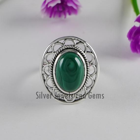 Natural Malachite Ring, 925 Sterling Silver Ring, Boho Ring, Handmade Ring For Her, Gift For Sister, Oval Designer Ring, Taurus Birthstone