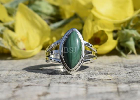 Simple Malachite Ring, Marquise Shape, 925 Sterling Silver, Green Color Stone, Beautiful Ring, Triple Band Ring, Bezel Set, Handmade Ring