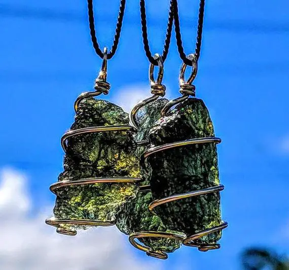 Moldavite Necklace In Gold! 12 Kt Genuine Czech Tektite Pendant. Synergy 12 Chakra Crystal. Metaphysical Jewelry Alien Meteorite Wire Wrap.