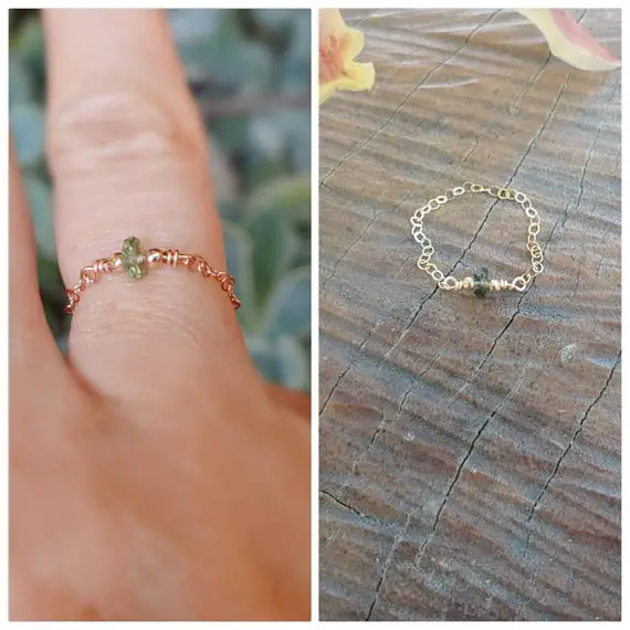 Real Moldavite Ring.  Moldavite Chain Ring. Minimalist Ring. Gold Moldavite Ring. Silver Moldavite. Rose Gold Moldavite Ring