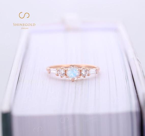Vintage Moonstone Engagement Ring Rose Gold, Baguette Cut Cubic Zirconia Ring, Prong Set Wedding Ring Promise Ring, Promise Anniversary Ring