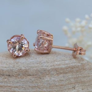 Shop Morganite Earrings! Dainty Round Morganite Studs, Lifetime Care Plan Included, Genuine Gems and Diamonds LS5686 | Natural genuine Morganite earrings. Buy crystal jewelry, handmade handcrafted artisan jewelry for women.  Unique handmade gift ideas. #jewelry #beadedearrings #beadedjewelry #gift #shopping #handmadejewelry #fashion #style #product #earrings #affiliate #ad