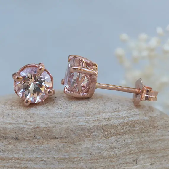 Dainty Round Morganite Studs, Lifetime Care Plan Included, Genuine Gems And Diamonds Ls5686