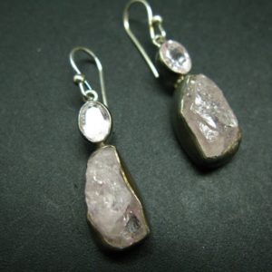 Shop Morganite Earrings! Fabulous Asymmetrical Raw And Faceted Pink Morganite Crystal Sterling Silver Earrings From Brazil | Natural genuine Morganite earrings. Buy crystal jewelry, handmade handcrafted artisan jewelry for women.  Unique handmade gift ideas. #jewelry #beadedearrings #beadedjewelry #gift #shopping #handmadejewelry #fashion #style #product #earrings #affiliate #ad