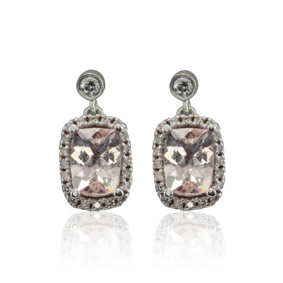 Laurie Sarah Morganite Earrings, Cushion Cut Morganite, Diamond Halo Earrings, Bridal Jewelry, Wedding Jewelry- Bel Canto Collection -ls3605