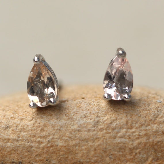 Tiny Pear Morganite Studs 5x3mm Genuine Natural Gems Push Back Post, Lifetime Care Plan Included, Genuine Gems Ls6375