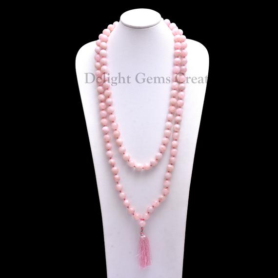Beads Mala, Natural Morganite 108 Beads Mala Necklace, 10mm Pink Morganite Beads, Hand Knotted Tassel Necklace, Meditation Mala, Wrap Mala