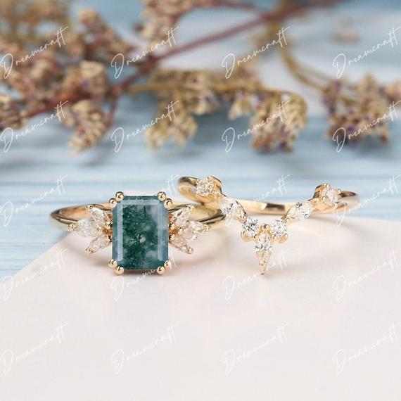 Moss Agate Engagement Ring Set Emerald Cut Engagement Ring Solid 14k Gold Wedding Bridal Ring Anniversary Ring Promise Ring For Her