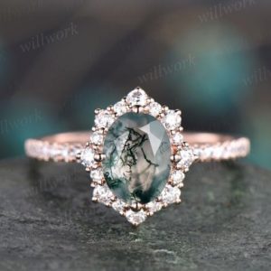Oval moss agate ring vintage moss agate engagement ring solid 10k 14k 18k rose gold ring unique cluster halo moissanite ring eternity ring | Natural genuine Gemstone rings, simple unique alternative gemstone engagement rings. #rings #jewelry #bridal #wedding #jewelryaccessories #engagementrings #weddingideas #affiliate #ad