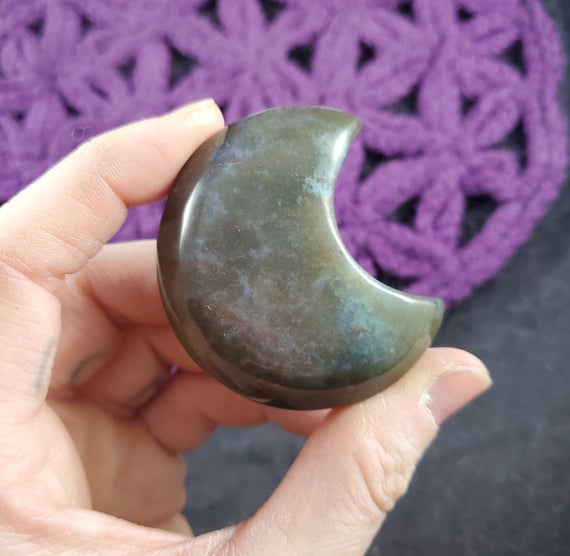 Moss Agate Crescent Moon Carving Crystals Magick Stones Starseed Polished Carved Moonchild Green