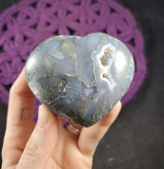 Large Moss Agate Heart Crystal Polished Stones Green Blue Crystals Natural Unique Heart Shaped Carving