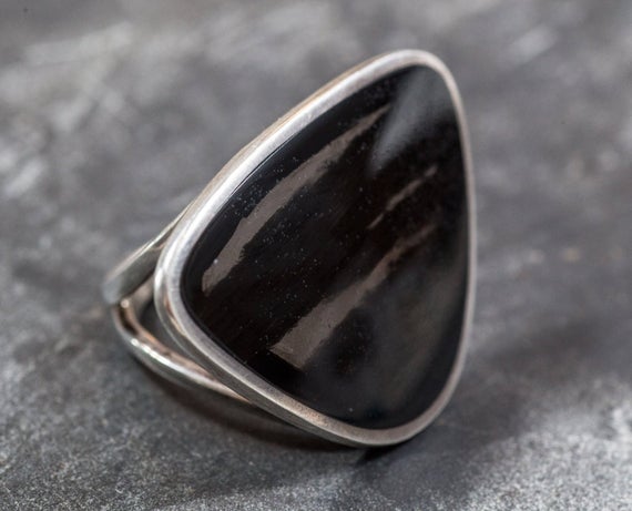 Obsidian Ring, Natural Obsidian, Black Ring, Triangle Ring, Black Stone Ring, Russian Obsidian, Statement Ring, Solid Silver Ring, Obsidian