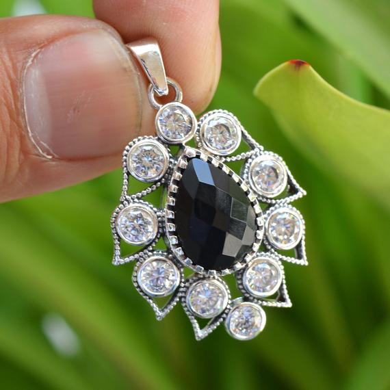 Black Onyx Pendant, Sterling Silver Pendant, 10x14mm Pear Rose Cut Gemstone Pendant, Women's Pendant, Handmade Pendant, Women Jewelry