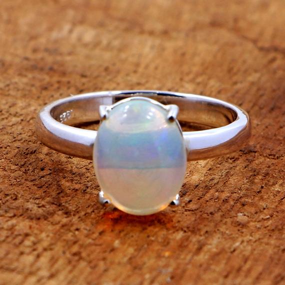 925 Sterling Silver Ethiopian Opal Ring/ Oval Shape Fire Opal Ring/ Beautiful Opal Cabochon Ring/ Transparent Blue -green Fire Opal Ring