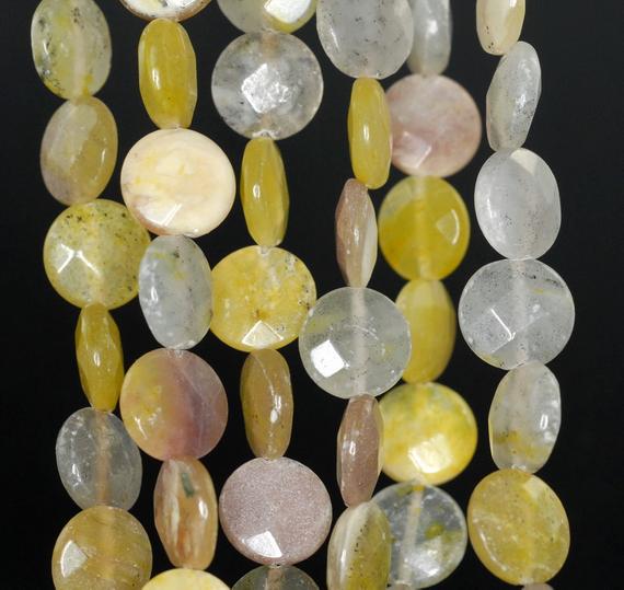 12mm Creamy Opal Gemstone Yellow Faceted Flat Round Circle Loose Beads 16 Inch Full Strand (90185524-856)