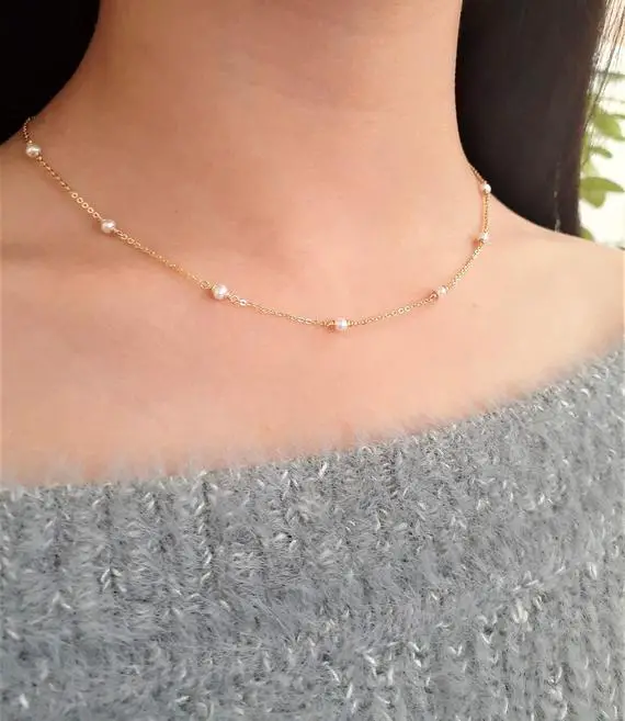 Freshwater Pearl Necklace, Pearl Choker, June Birthstone /handmade Jewelry/ Simple Gold Necklace, Dainty Pearl Necklace, Necklaces For Women
