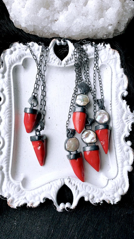 Red Coral And Biwa Pearl Necklace