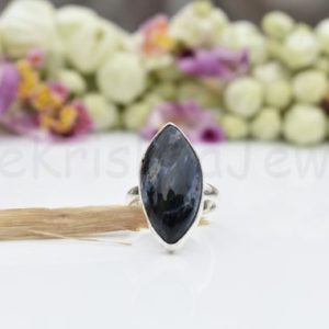 Shop Pietersite Rings! Blue Pietersite Ring, Sterling Silver Ring, Marquise Shape Ring, Simple Band Ring, Cabochon Gemstone Ring, Statement Ring, Beautiful Ring | Natural genuine Pietersite rings, simple unique handcrafted gemstone rings. #rings #jewelry #shopping #gift #handmade #fashion #style #affiliate #ad