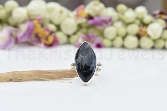 Blue Pietersite Ring, Sterling Silver Ring, Marquise Shape Ring, Simple Band Ring, Cabochon Gemstone Ring, Statement Ring, Beautiful Ring