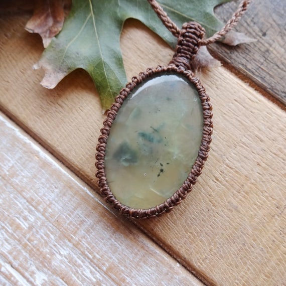 Green Prehnite Pendant Necklace, Heart Chakra Jewelry Stone, Healing Stone Macrame Necklace, Calming Stone Gift, Womens Necklace Gift