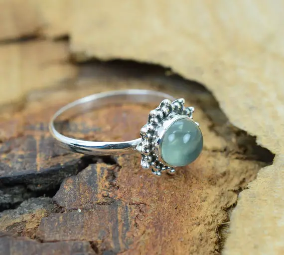 Green Prehnite 925 Sterling Silver Gemstone Ring ~ Round Shape Flower Ring