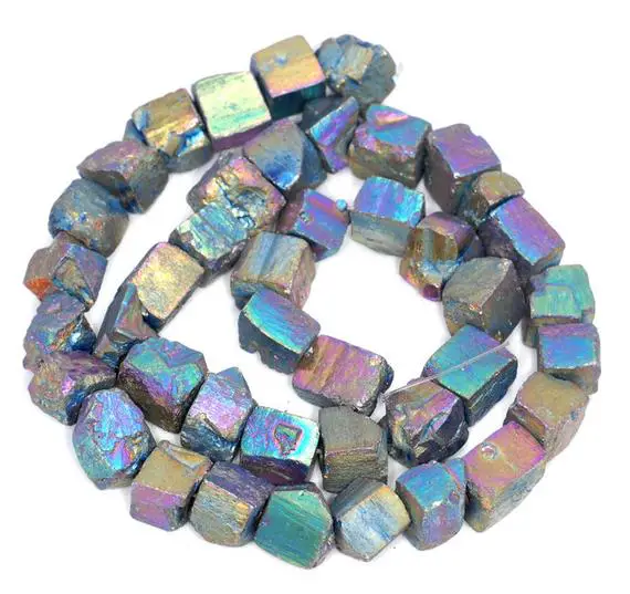 10mm Titanium Rainbow Pyrite Gemstone Rugged Nugget Cube Loose Beads 15.5 Inch Full Strand (80004147-b112)
