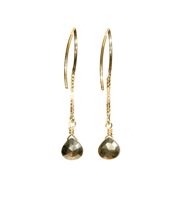 Pyrite Earrings, Gold Dangle Earrings, Half Hoop Gemstone Earrings, Fools Gold Wire Earrings, Half Hoop Long Earrings, 14k Gold Filled
