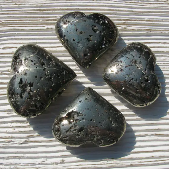 Pyrite Crystal Stone Hearts For Grounding And Balance, Black Stone Hearts, Emf Protection Pyrite Hearts, Protection Against Negative Energy