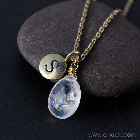 Gold Rainbow Moonstone & Custom Hand Stamped Initial Charm Necklace, Elegant Moonstone, June Birthday