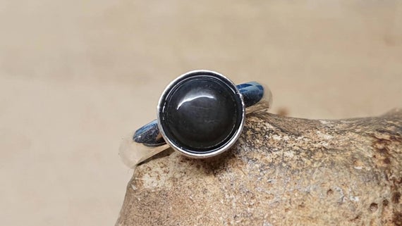 Rainbow Obsidian Adjustable Ring. Minimalist 925 Sterling Silver Rings For Women. Reiki Jewelry Uk. Black Semi Precious Stone 8mm.