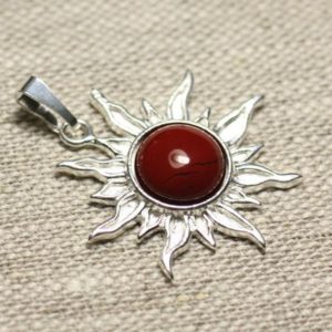 Shop Red Jasper Jewelry! Pendentif Argent 925 et Pierre – Soleil 28mm – Jaspe Rouge rond 10mm | Natural genuine Red Jasper jewelry. Buy crystal jewelry, handmade handcrafted artisan jewelry for women.  Unique handmade gift ideas. #jewelry #beadedjewelry #beadedjewelry #gift #shopping #handmadejewelry #fashion #style #product #jewelry #affiliate #ad