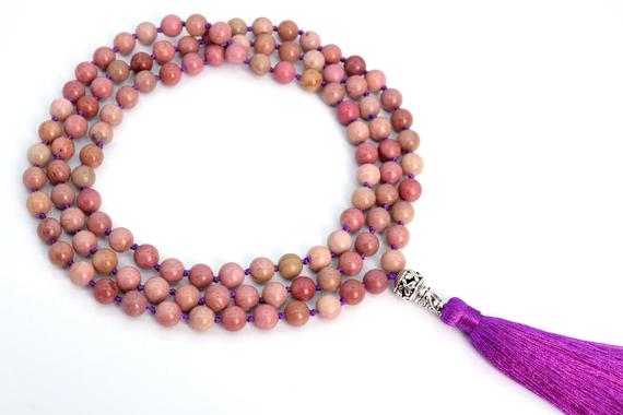 108 Pcs - 8mm Haitian Flower Rhodonite Mala Beads Necklace Grade Aaa Genuine Natural Round Gemstone With Long Tassel (106813)