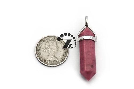 Rhodonite Hexagonal Pointed Pendant,silver Plated Double Terminated Pendant,pencil Point Pendant,natural,gemstone,8x38mm