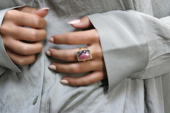 Natural Rhodonite Ring · Pink Stone Ring · Gold Artisan Ring · Statement Ring · Gemstone Ring · Rhodonite Jewelry