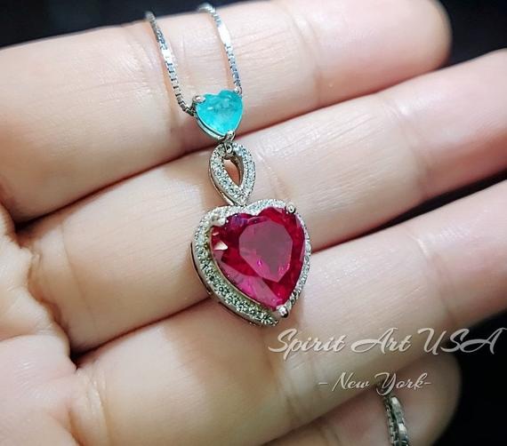 Ruby Necklace Sterling Silver - Double Heart Necklace - White Gold Coated July Birthstone #649