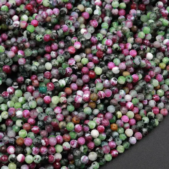 Micro Faceted Natural Ruby Zoisite 2mm 3mm 4mm Round Beads Laser Diamond Cut Red Ruby Green Zoisite Gemstone 15.5" Strand