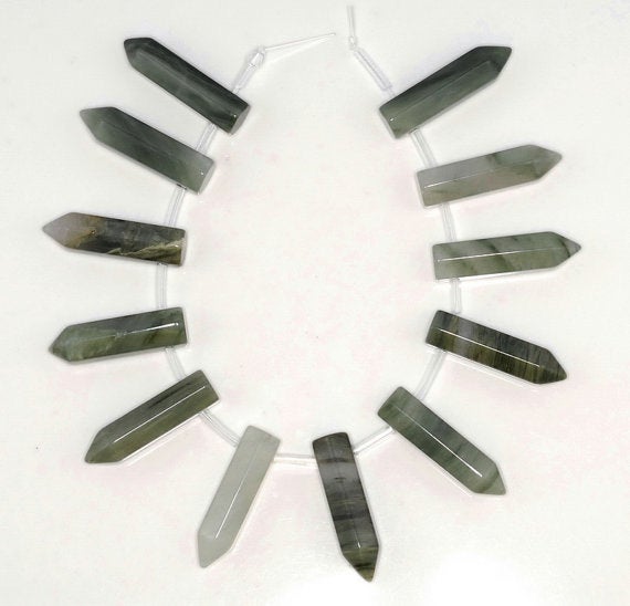 31x8mm Green Rutile Quartz Gemstone Point Healing Chakra Hexagonal Point Focal Bead Full Strand 12 Beads (90183768a-368)