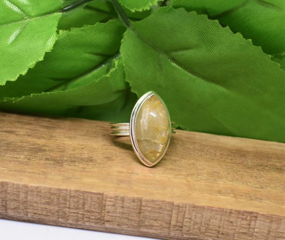 Golden Rutilated Quartz Ring, 925 Sterling Silver, Marquise Gemstone Jewelry, Golden Color Stone, Can Be Personalized, Natural Gemston