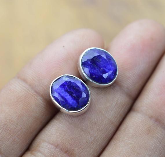 Sapphire 925 Solid Sterling Silver Faceted Gemstone 1 Pair Stud Earring ~ Handmade Jewelry ~ Oval Shape Stud ~ Gift For Birthday