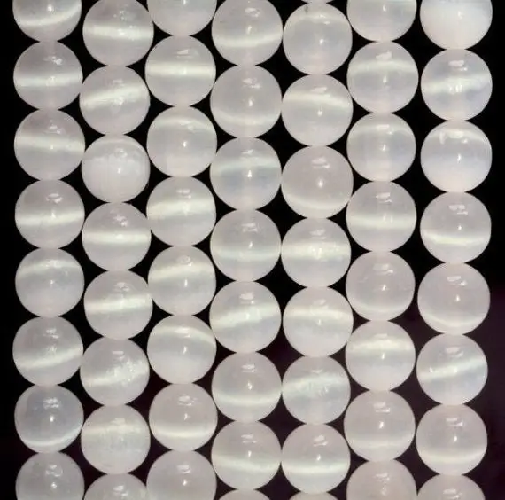 10mm Genuine Selenite White Cat's Eye  Gemstone Grade Aa Round Loose Beads 7.5 Inch Half Strand (80007017 H-482)