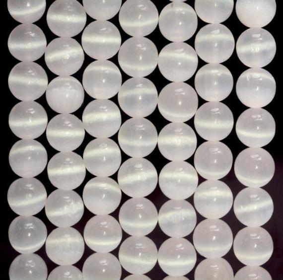 8mm Genuine Selenite White Cat's Eye  Gemstone Grade Aaa Round Loose Beads 15.5 Inch Full Strand (80006001-482)