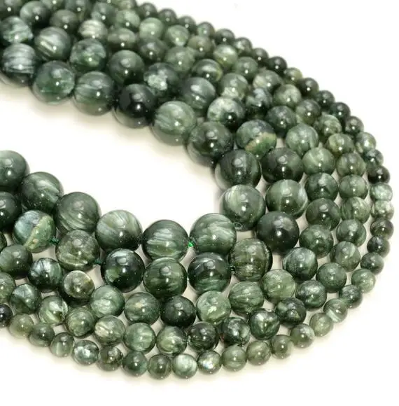 Genuine Natural Russian Seraphinite Clinochlore Gemstone Deep Green Smooth Grade Aaa 4mm 5mm 6mm 7mm 8mm 9mm 10mm Round Loose Beads (a230)
