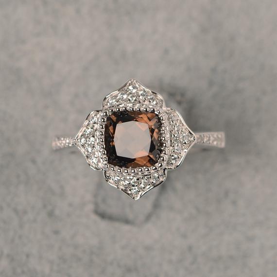 Smokey Quartz Ring Cushion Cut Luxury Flower Ring White Gold Engagement Ring For Women