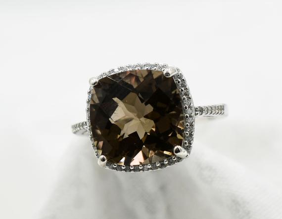 Smokey Quartz Halo Ring, Genuine Gemstone 12mm 6 Plus Ct.cushion Cut Checkerboard Top, With Cz 's, 925 Sterling Silver Comfort Mount Back